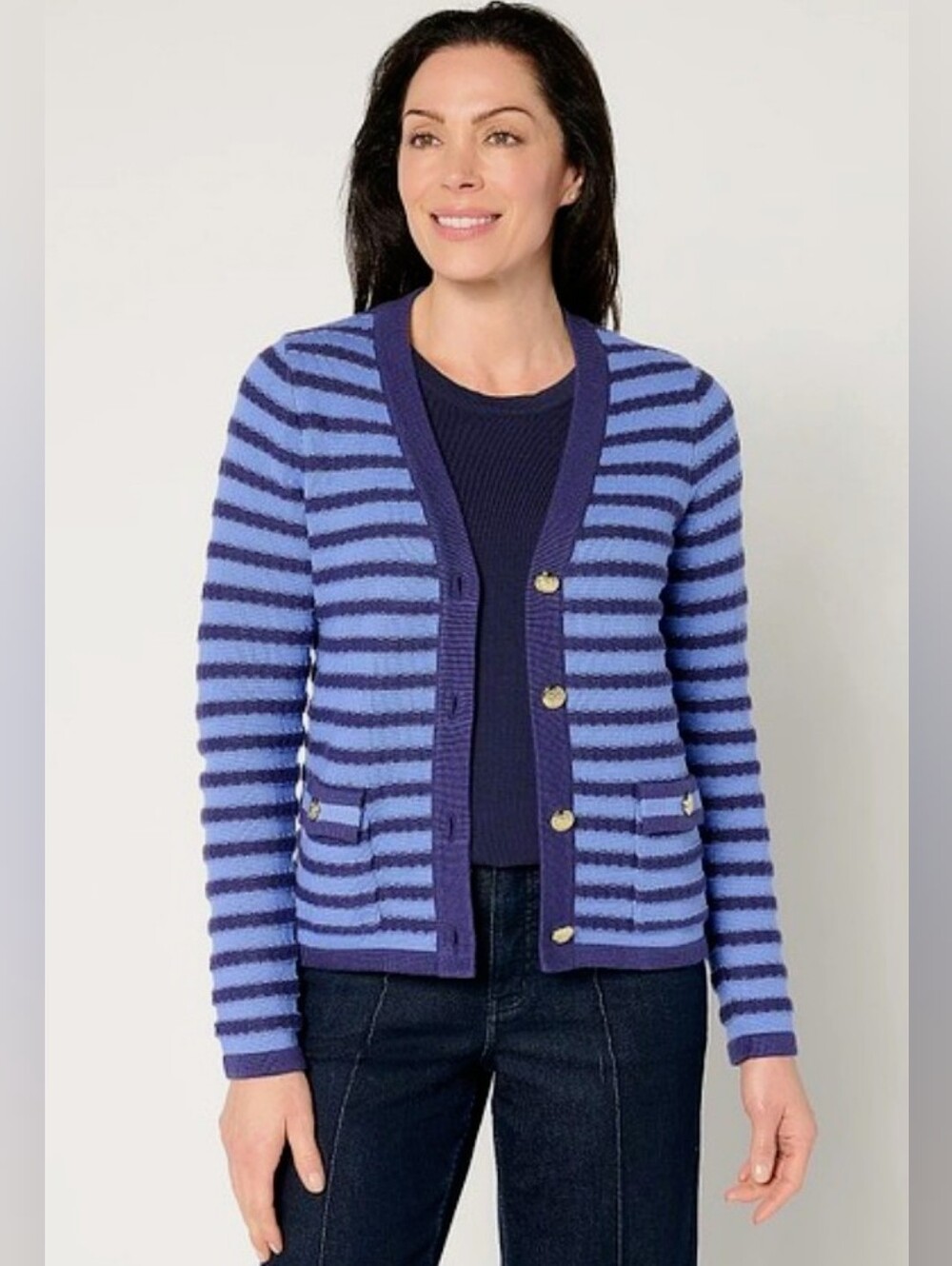 Isaac Mizrahi Live! Striped Blue Cardigan Sweater - Classic V-Neck